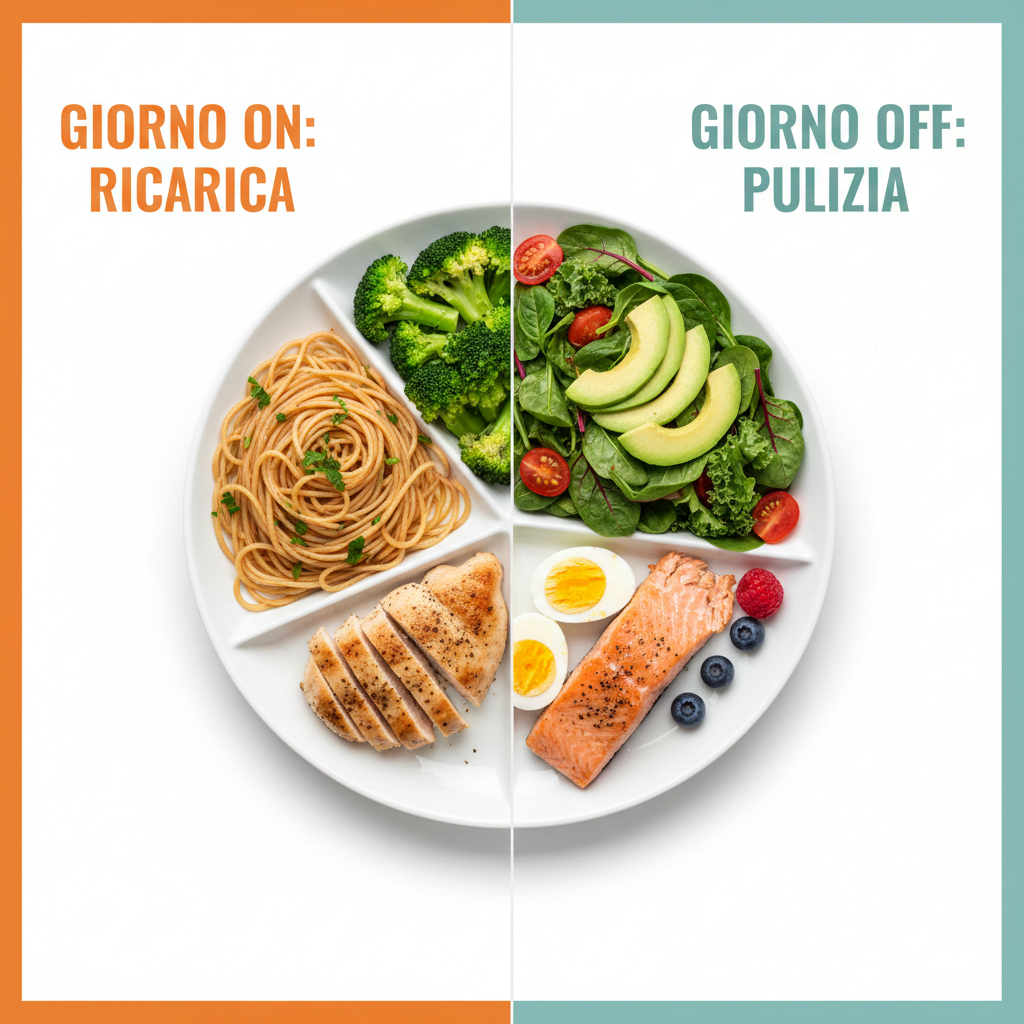 Infografica Carb Cycling: Confronto visivo tra il Piatto Giorno ON (carboidrati alti) e Piatto Giorno OFF (grassi sani)